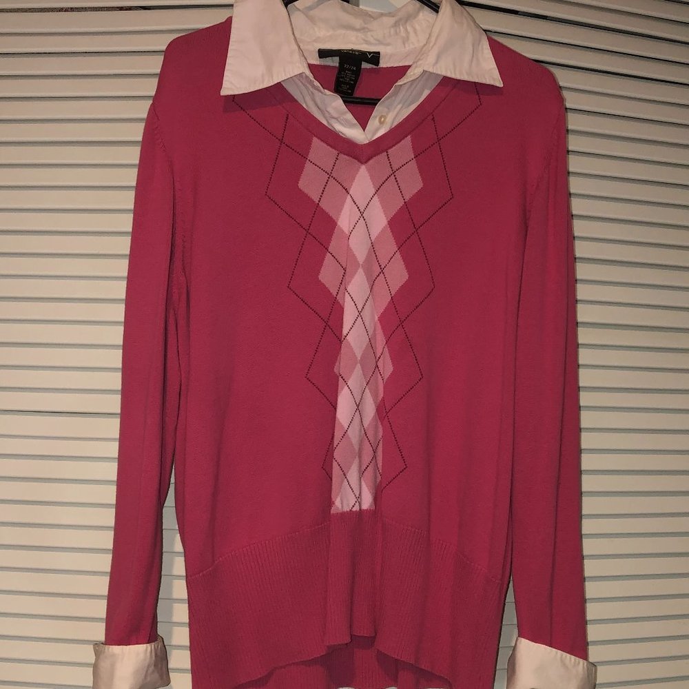 Adorable Pink Pullover Sweater with Argyle Print a